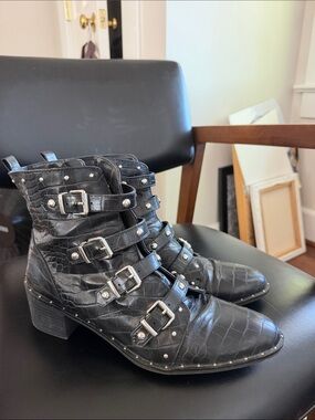 Black Croc-Embossed Buckle Ankle Boots - Women